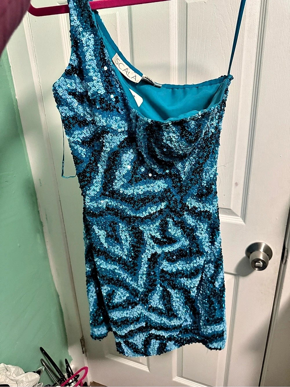 Vintage silk Scala Sequin Mini Dress in Blue Size 6 Like New